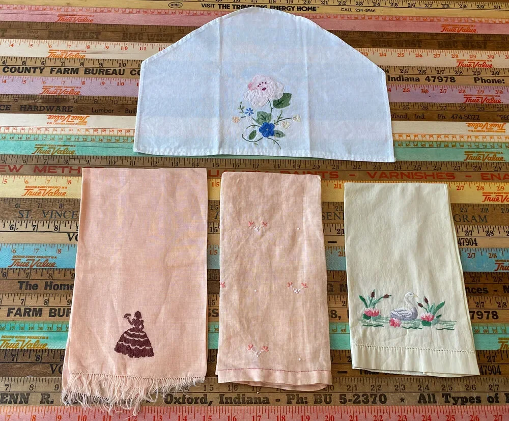 VINTAGE Hand Embroidered Lot Of 4 Dresser Scarf Guest Towel Cotton LINEN Floral